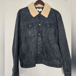 Reiss L Blue Teal Suede Trucker Jacket